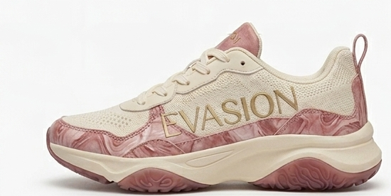 Sneaker EVASION beige à imprimé marbré rose, semelle épaisse, vue de profil.