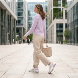 Femme active portant les chaussures ergonomiques Evasion en ville, tenue lilas et beige